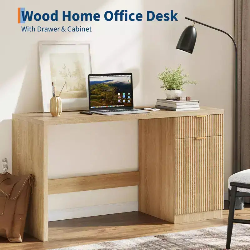60 Executive Desk with Storage, Modern Home Office Desk with Drawer & Cabinet, Wood Fluted Computer Desks Workstation Writing Conference Table