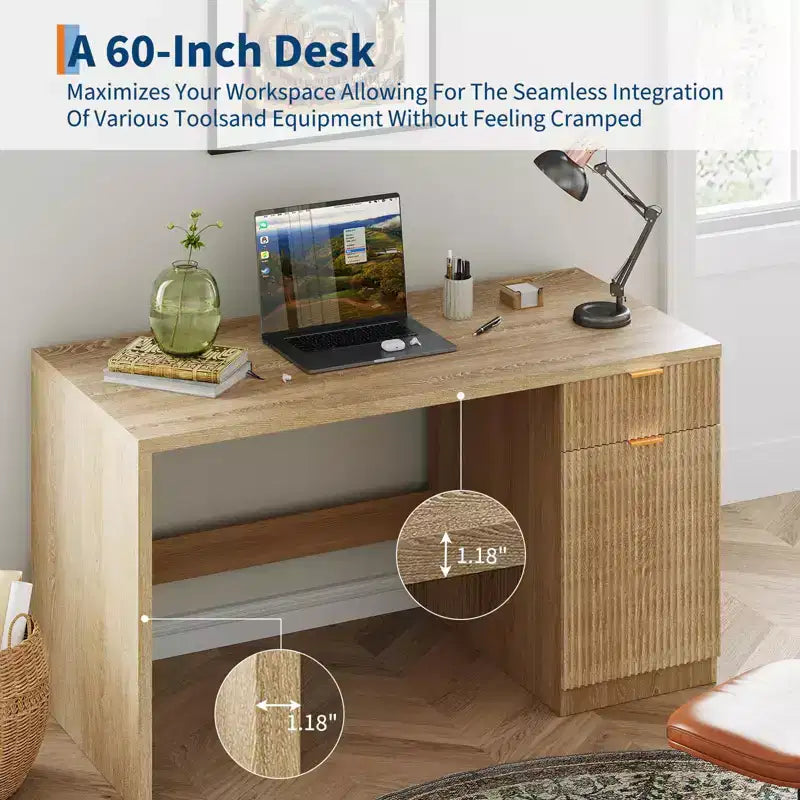 60 Executive Desk with Storage, Modern Home Office Desk with Drawer & Cabinet, Wood Fluted Computer Desks Workstation Writing Conference Table