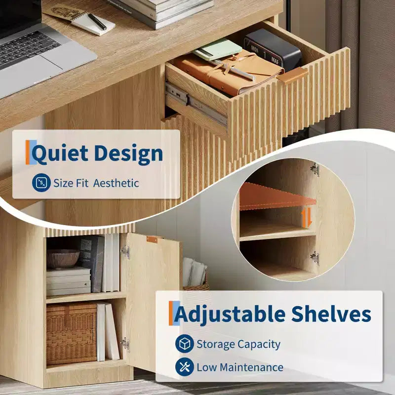 60 Executive Desk with Storage, Modern Home Office Desk with Drawer & Cabinet, Wood Fluted Computer Desks Workstation Writing Conference Table