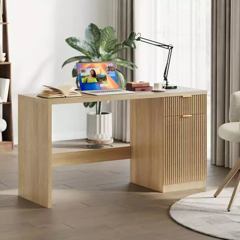 60 Executive Desk with Storage, Modern Home Office Desk with Drawer & Cabinet, Wood Fluted Computer Desks Workstation Writing Conference Table