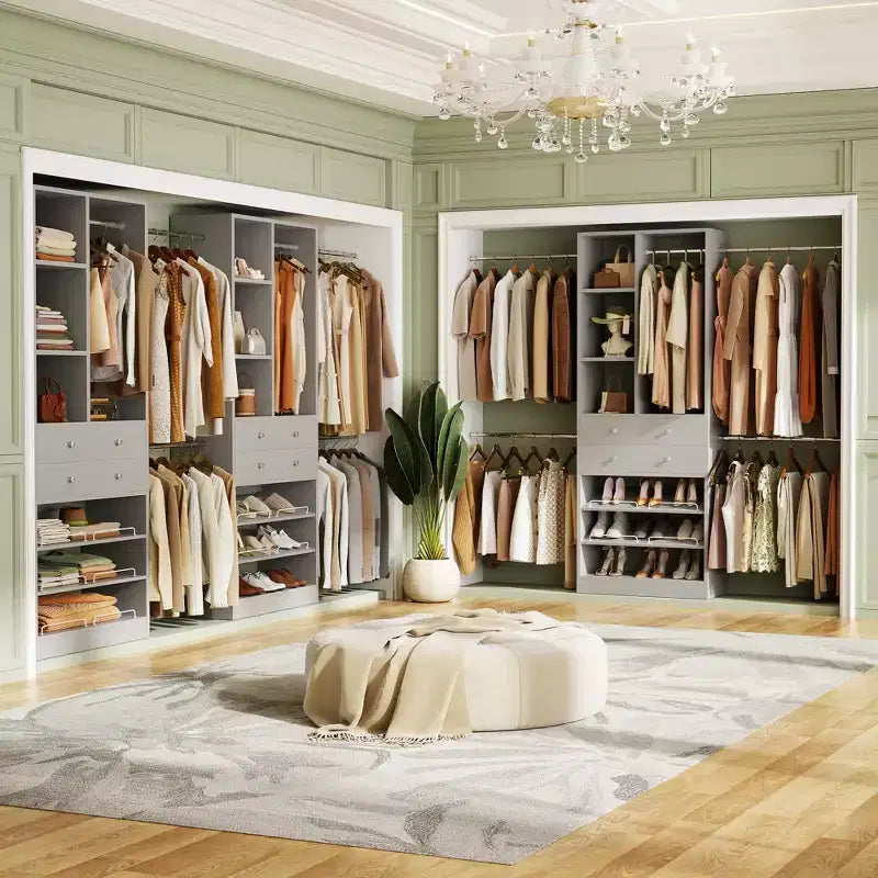 Besiost Wooden Closet System with Shoes Shelf and Drawer, Closet Organizer Storage with Drawer