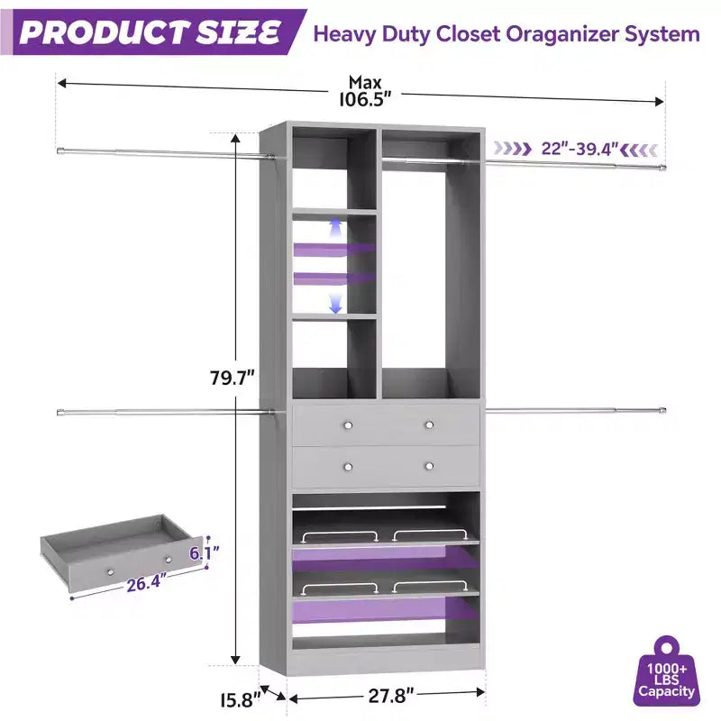 Besiost Wooden Closet System with Shoes Shelf and Drawer, Closet Organizer Storage with Drawer