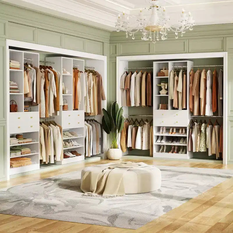 Besiost Wooden Closet System with Shoes Shelf and Drawer, Closet Organizer Storage with Drawer