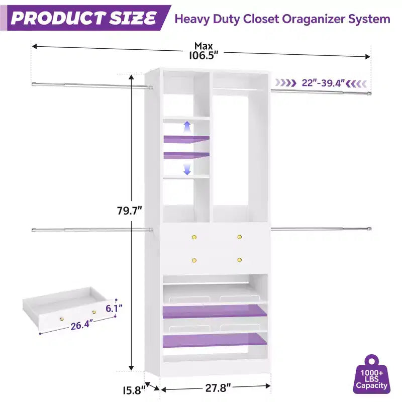 Besiost Wooden Closet System with Shoes Shelf and Drawer, Closet Organizer Storage with Drawer