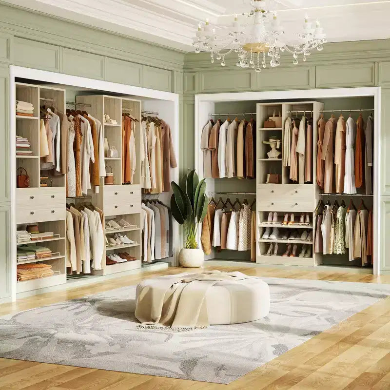 Besiost Wooden Closet System with Shoes Shelf and Drawer, Closet Organizer Storage with Drawer