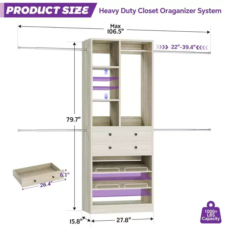 Besiost Wooden Closet System with Shoes Shelf and Drawer, Closet Organizer Storage with Drawer