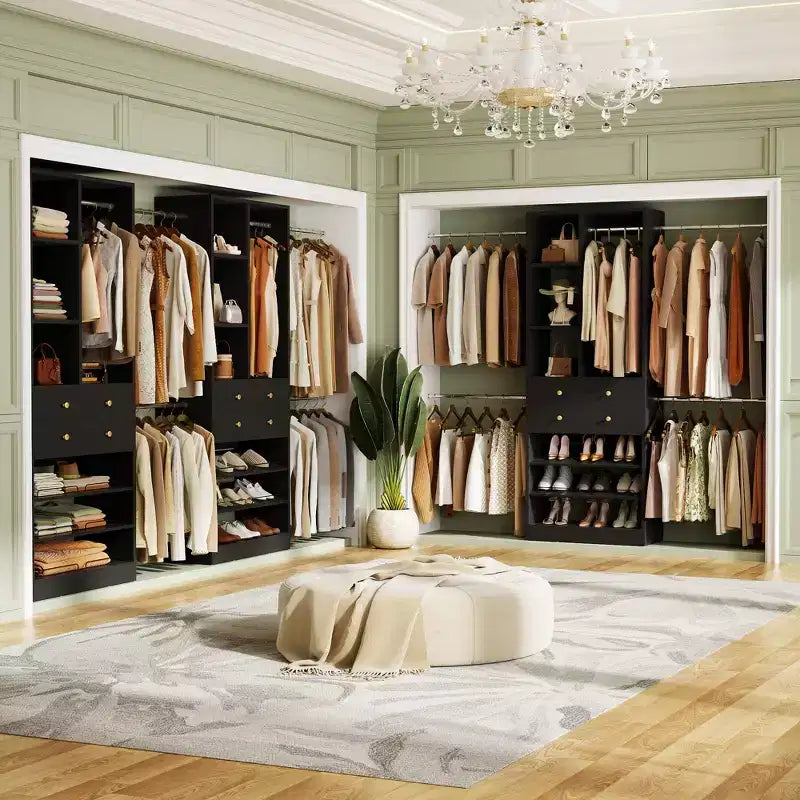 Besiost Wooden Closet System with Shoes Shelf and Drawer, Closet Organizer Storage with Drawer