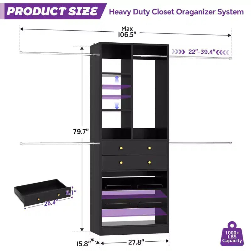 Besiost Wooden Closet System with Shoes Shelf and Drawer, Closet Organizer Storage with Drawer