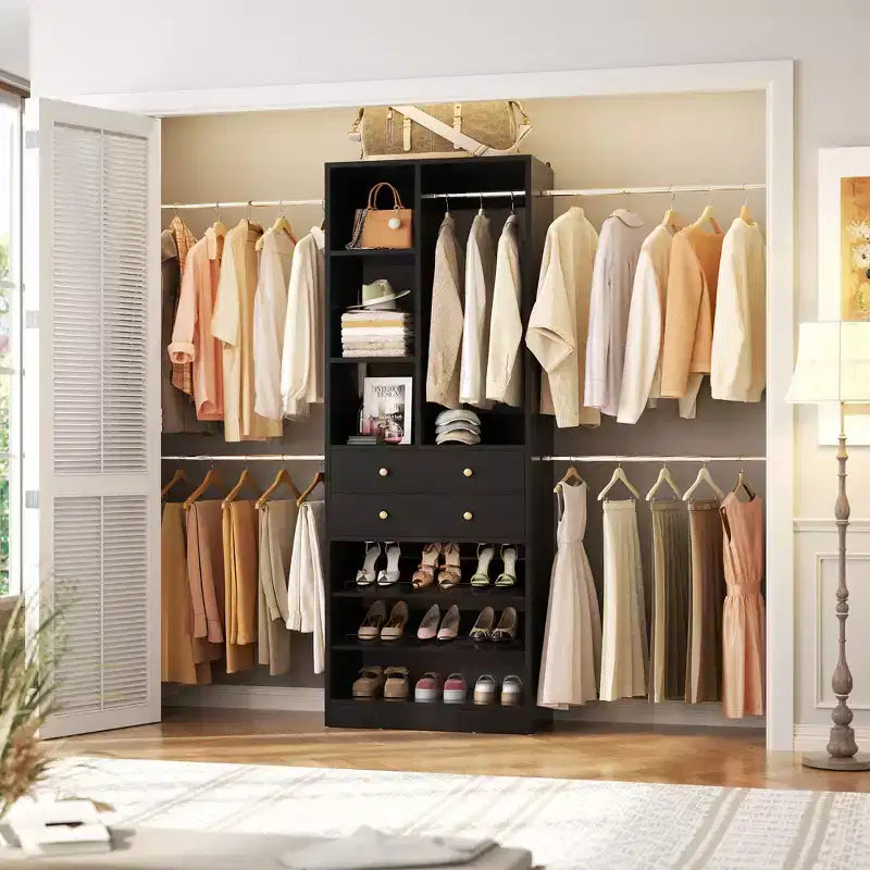 Besiost Wooden Closet System with Shoes Shelf and Drawer, Closet Organizer Storage with Drawer