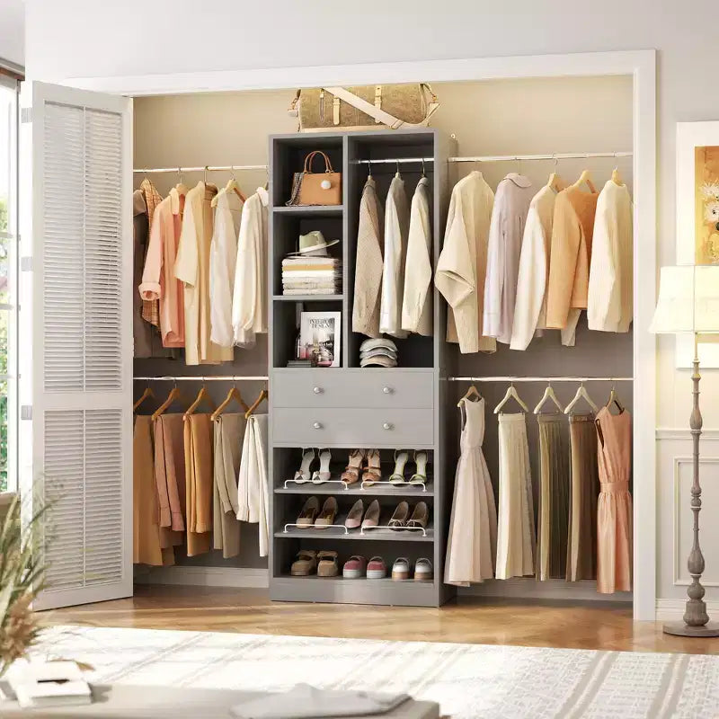 Besiost Wooden Closet System with Shoes Shelf and Drawer, Closet Organizer Storage with Drawer