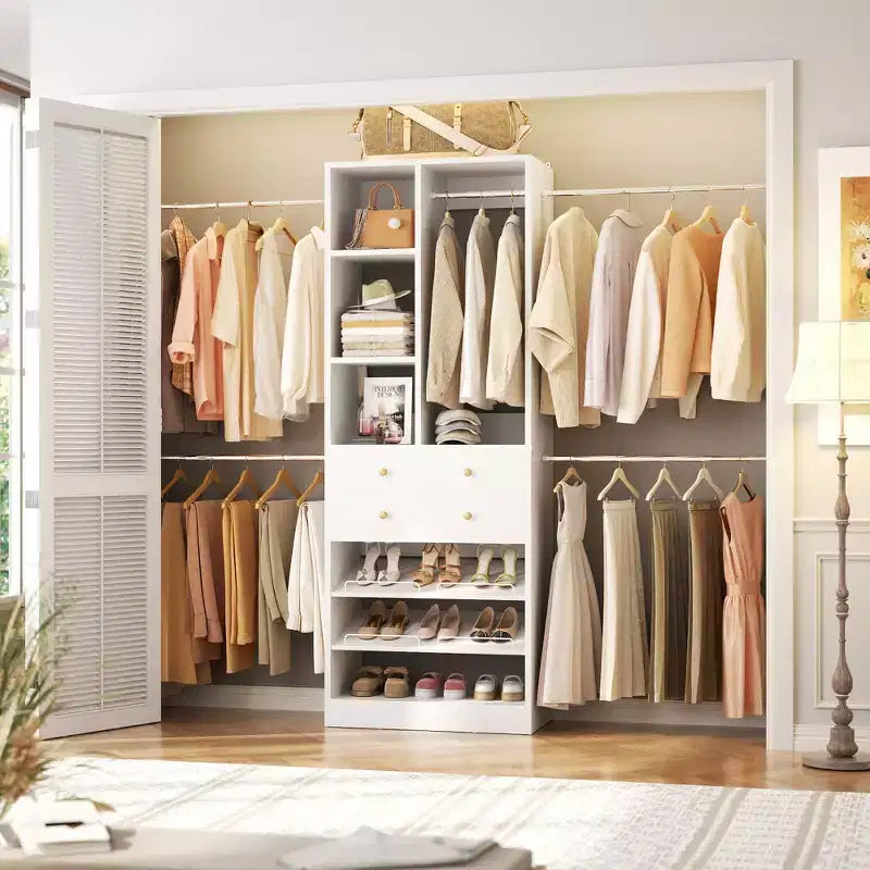 Besiost Wooden Closet System with Shoes Shelf and Drawer, Closet Organizer Storage with Drawer