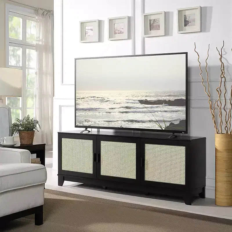 GDFStudio Stefan 63 Modern Cane and Wood TV Stand with 3 Soft-Close Doors