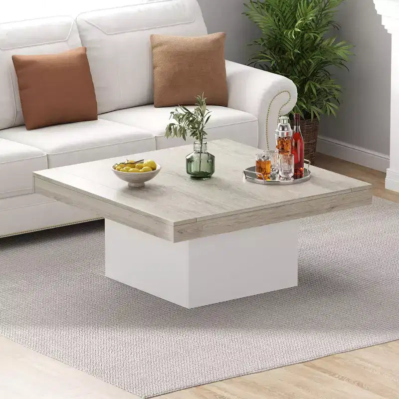 Table basse carrée de 89 cm, table de salon en bois style ferme avec lumières sur les pieds pour salon, bureau à domicile, appartement, salle de lecture, assemblage facile