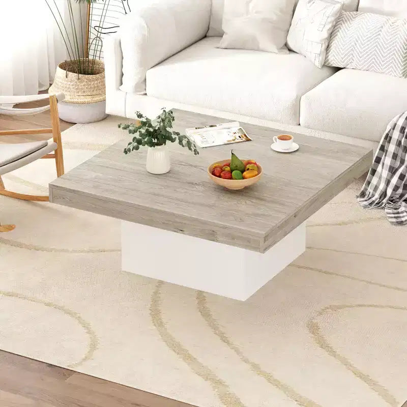 Table basse carrée de 89 cm, table de salon en bois style ferme avec lumières sur les pieds pour salon, bureau à domicile, appartement, salle de lecture, assemblage facile