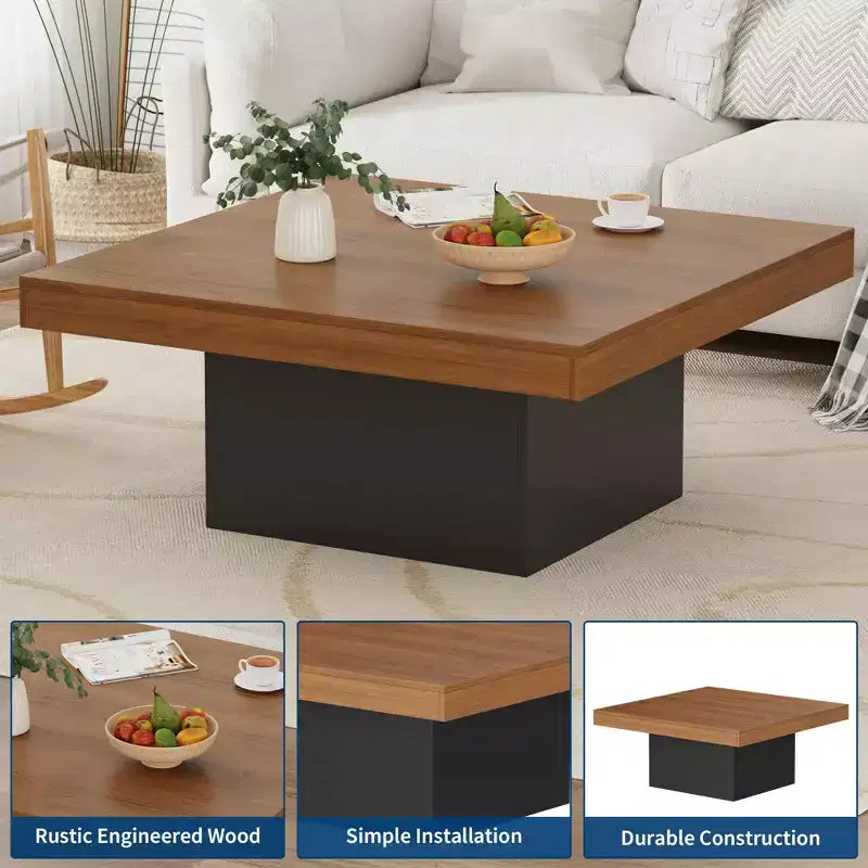 Table basse carrée de 89 cm, table de salon en bois style ferme avec lumières sur les pieds pour salon, bureau à domicile, appartement, salle de lecture, assemblage facile