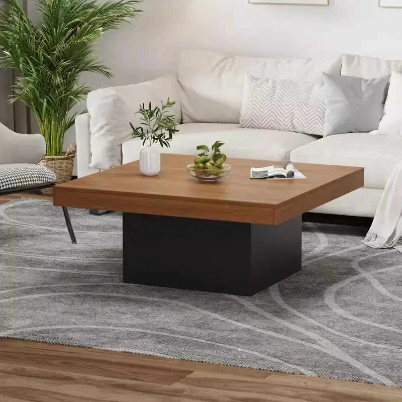 35 Inch Square Coffee Table, Farmhouse Wood Small Living Room Table with Leg Lights for Parlor, Home Office, Apartment, Reading Room, Easy Assembly