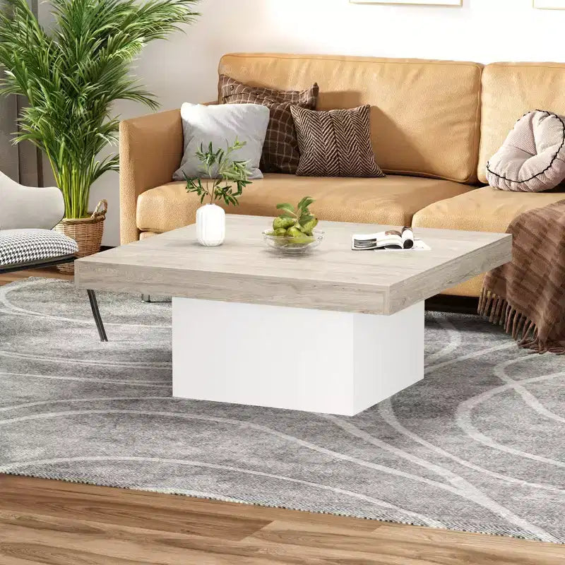 Table basse carrée de 89 cm, table de salon en bois style ferme avec lumières sur les pieds pour salon, bureau à domicile, appartement, salle de lecture, assemblage facile