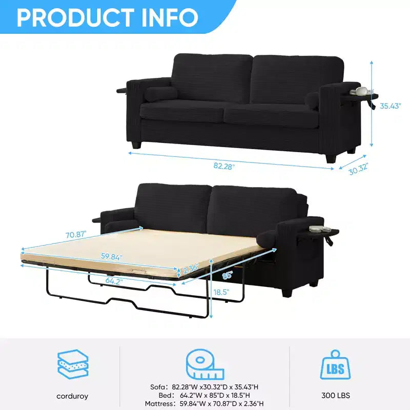 Canapé-lit convertible 2-en-1 Mjkone avec 2 tables d'appoint et matelas en mousse à mémoire de forme