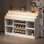 Famapy White Multi-Layer Bar Cabinet Wine Cabinet: Wave-Patterned Glass Countertop, Tiered Design  Spacious Wine & Liquor Storage, Ambient Lighting
