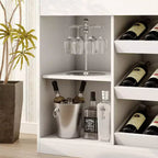 Meuble bar/cave à vin multicouche blanc Famapy : comptoir en verre à motif ondulé, conception à plusieurs niveaux, rangement spacieux pour vins et spiritueux, éclairage d'ambiance