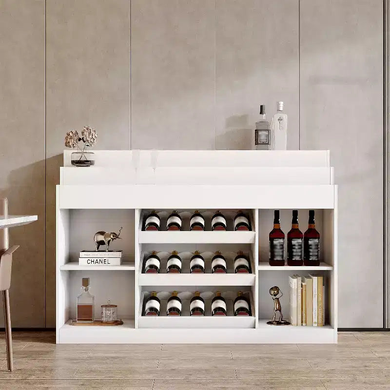 Meuble bar/cave à vin multicouche blanc Famapy : comptoir en verre à motif ondulé, conception à plusieurs niveaux, rangement spacieux pour vins et spiritueux, éclairage d'ambiance