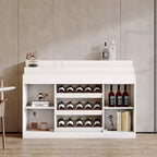 Meuble bar/cave à vin multicouche blanc Famapy : comptoir en verre à motif ondulé, conception à plusieurs niveaux, rangement spacieux pour vins et spiritueux, éclairage d'ambiance