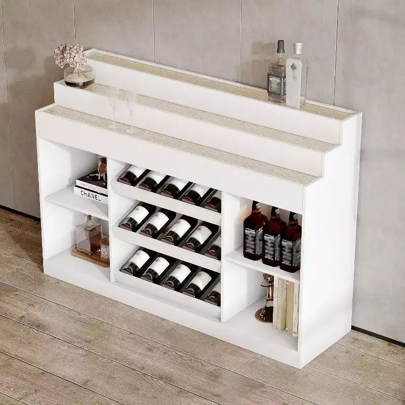 Meuble bar/cave à vin multicouche blanc Famapy : comptoir en verre à motif ondulé, conception à plusieurs niveaux, rangement spacieux pour vins et spiritueux, éclairage d'ambiance
