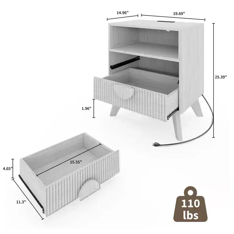 Table de Chevet Cannelée, Table de Nuit Haute en Bois avec Station de Recharge Ports USB et Prises, 2 Tiroirs et Étagère Ouverte, Table d'Appoint Moderne pour Chambre à Coucher