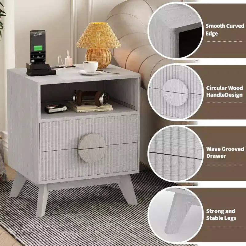 Table de Chevet Cannelée, Table de Nuit Haute en Bois avec Station de Recharge Ports USB et Prises, 2 Tiroirs et Étagère Ouverte, Table d'Appoint Moderne pour Chambre à Coucher