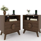 Table de Chevet Cannelée, Table de Nuit Haute en Bois avec Station de Recharge Ports USB et Prises, 2 Tiroirs et Étagère Ouverte, Table d'Appoint Moderne pour Chambre à Coucher