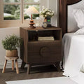 Fluted Nightstand, Tall Wood Bedside Table with Charging Station  USB Ports & Outlets, 2 Drawers & Open Shelf, Modern End Table for Bedroom