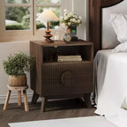 Fluted Nightstand, Tall Wood Bedside Table with Charging Station  USB Ports & Outlets, 2 Drawers & Open Shelf, Modern End Table for Bedroom