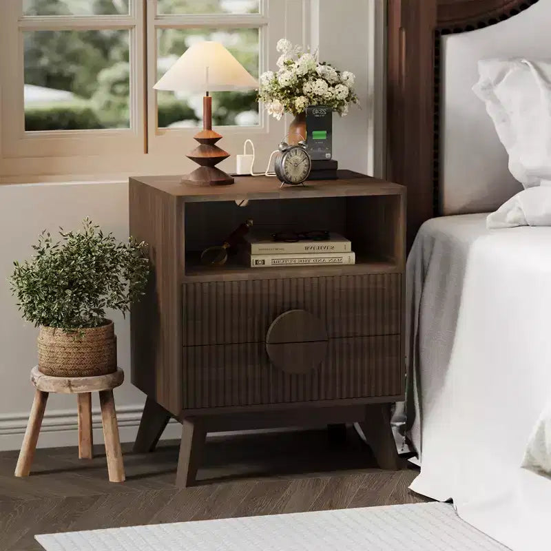 Fluted Nightstand, Tall Wood Bedside Table with Charging Station  USB Ports & Outlets, 2 Drawers & Open Shelf, Modern End Table for Bedroom