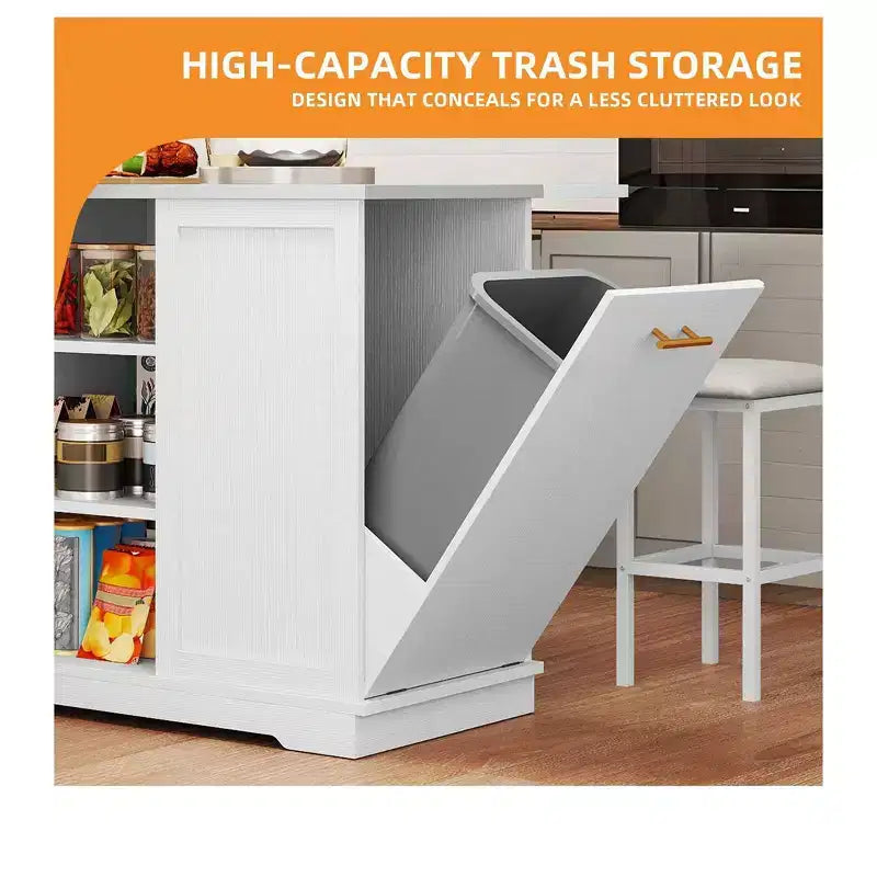 Rolling Kitchen Islands with Seating Trash Can Cabinet Drop Leaf Dining Table with 2 Stools, Rolling Dining Table with Power Outlet, Spice Rack