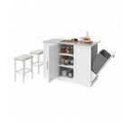 Rolling Kitchen Islands with Seating Trash Can Cabinet Drop Leaf Dining Table with 2 Stools, Rolling Dining Table with Power Outlet, Spice Rack