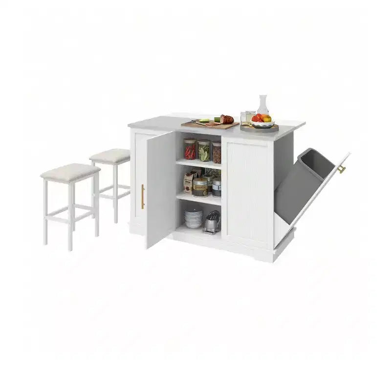 Rolling Kitchen Islands with Seating Trash Can Cabinet Drop Leaf Dining Table with 2 Stools, Rolling Dining Table with Power Outlet, Spice Rack