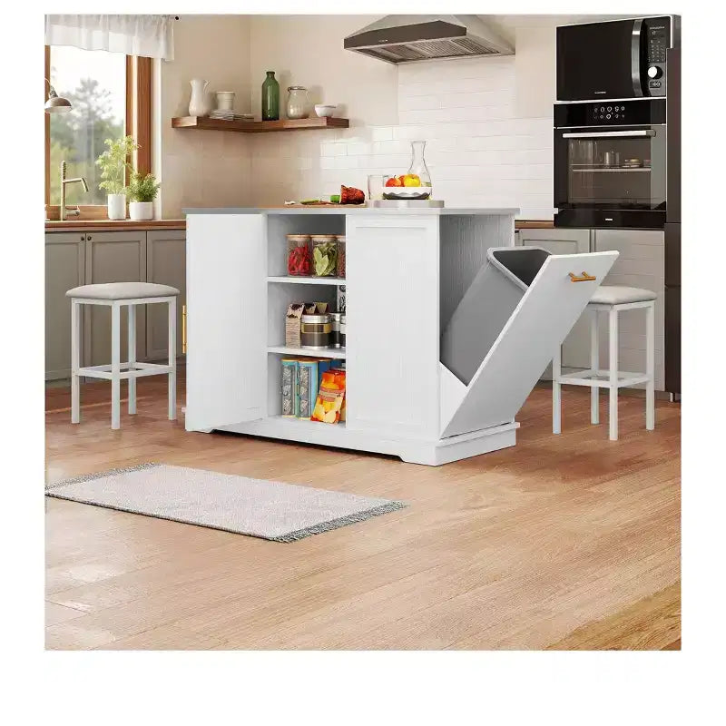 Rolling Kitchen Islands with Seating Trash Can Cabinet Drop Leaf Dining Table with 2 Stools, Rolling Dining Table with Power Outlet, Spice Rack