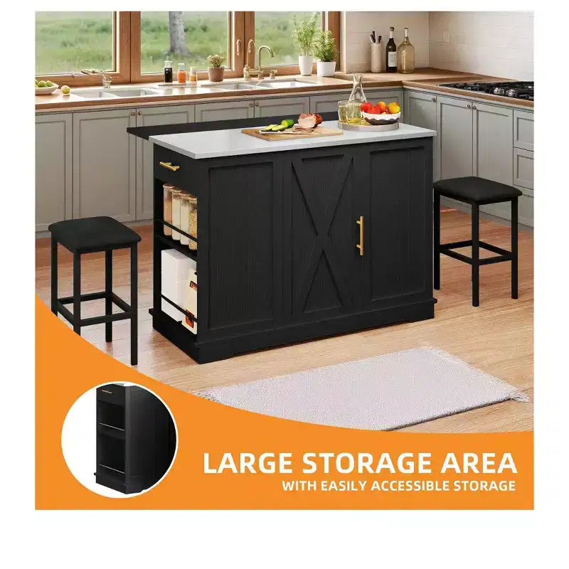 Rolling Kitchen Islands with Seating Trash Can Cabinet Drop Leaf Dining Table with 2 Stools, Rolling Dining Table with Power Outlet, Spice Rack