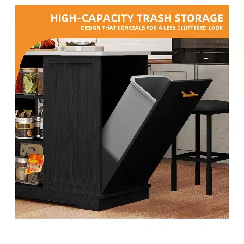 Rolling Kitchen Islands with Seating Trash Can Cabinet Drop Leaf Dining Table with 2 Stools, Rolling Dining Table with Power Outlet, Spice Rack