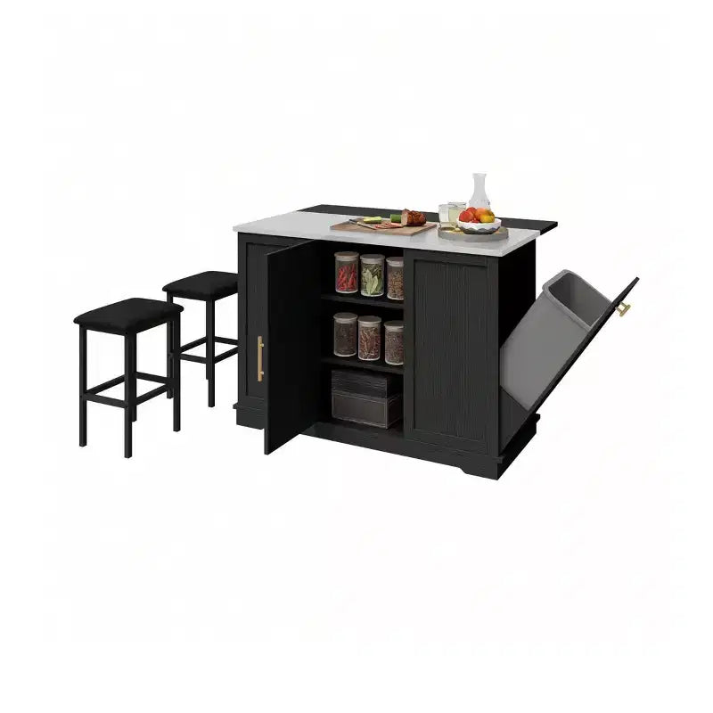 Rolling Kitchen Islands with Seating Trash Can Cabinet Drop Leaf Dining Table with 2 Stools, Rolling Dining Table with Power Outlet, Spice Rack