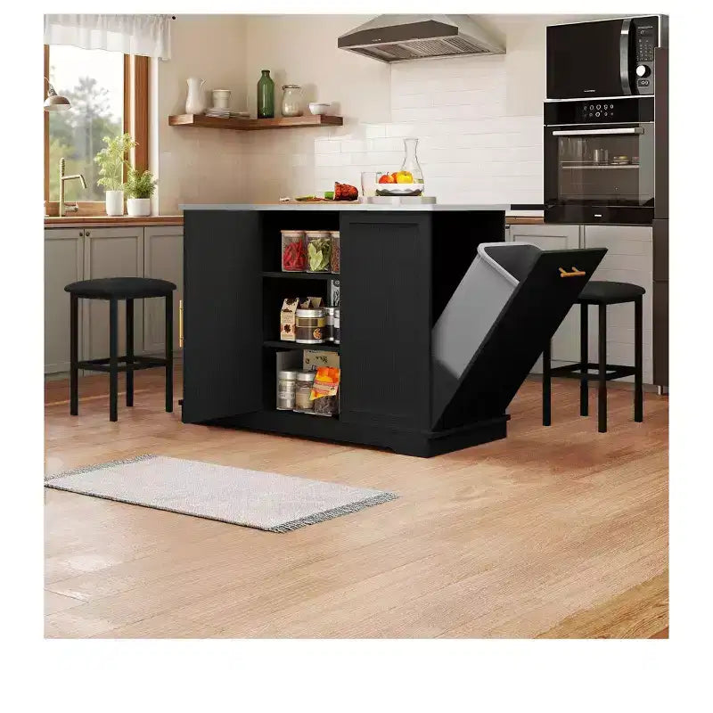 Rolling Kitchen Islands with Seating Trash Can Cabinet Drop Leaf Dining Table with 2 Stools, Rolling Dining Table with Power Outlet, Spice Rack
