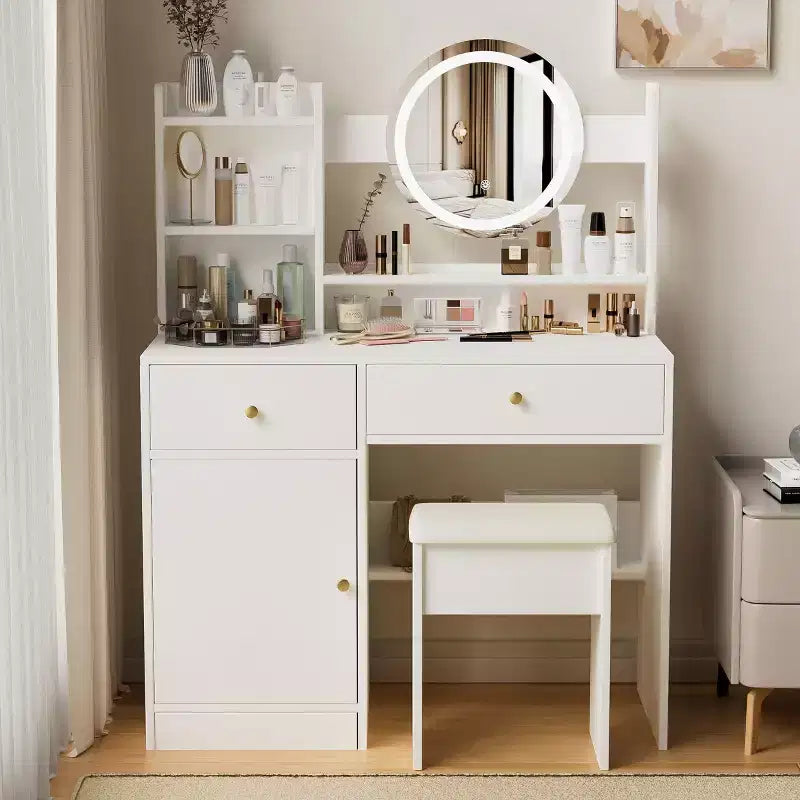 Okak Elegent Makeup Vanity with Cushioned Chair, Vanity Table with Round Mirror and Ample Storage, Makeup Desk for Living Room, Bedroom, White
