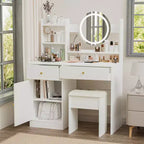 Coiffeuse élégante Okak avec chaise rembourrée, coiffeuse avec miroir rond et grand espace de rangement, bureau de maquillage pour salon, chambre à coucher, blanc