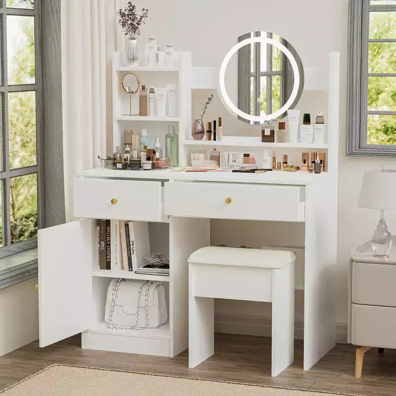 Coiffeuse élégante Okak avec chaise rembourrée, coiffeuse avec miroir rond et grand espace de rangement, bureau de maquillage pour salon, chambre à coucher, blanc