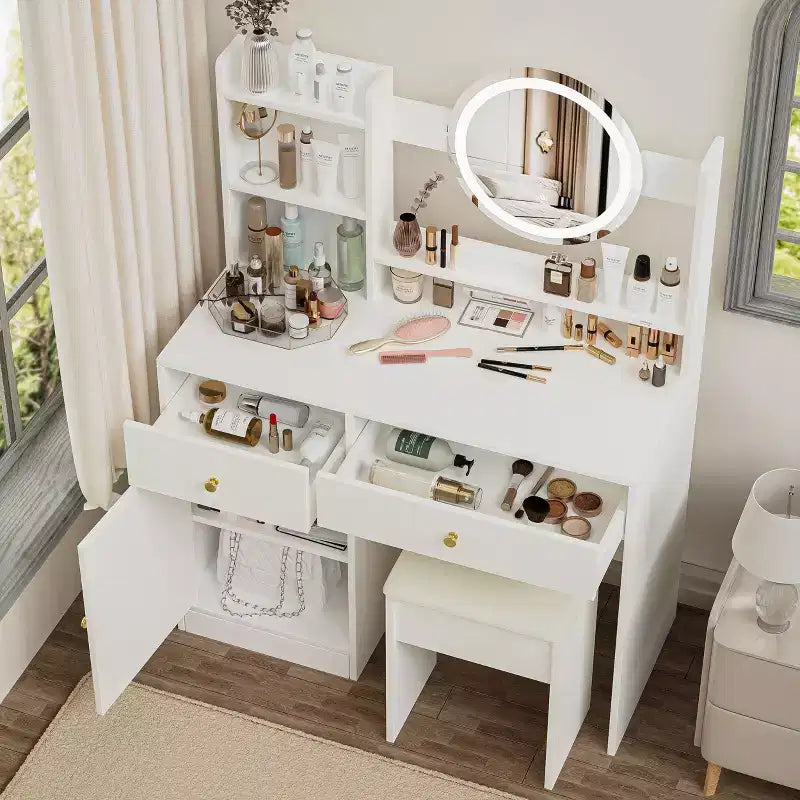 Coiffeuse élégante Okak avec chaise rembourrée, coiffeuse avec miroir rond et grand espace de rangement, bureau de maquillage pour salon, chambre à coucher, blanc