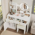 Coiffeuse élégante Okak avec chaise rembourrée, coiffeuse avec miroir rond et grand espace de rangement, bureau de maquillage pour salon, chambre à coucher, blanc