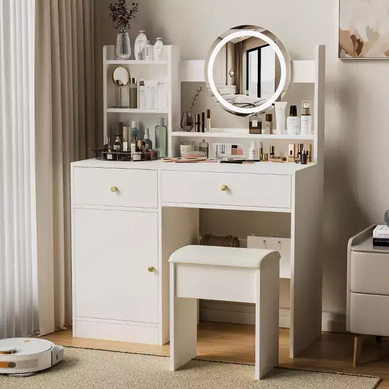 Coiffeuse élégante Okak avec chaise rembourrée, coiffeuse avec miroir rond et grand espace de rangement, bureau de maquillage pour salon, chambre à coucher, blanc