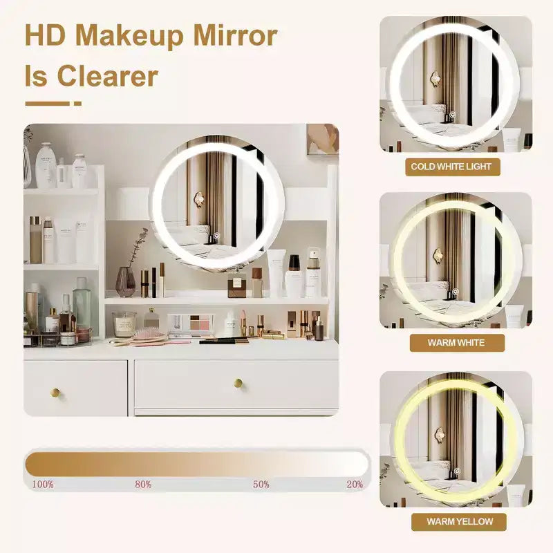 Coiffeuse élégante Okak avec chaise rembourrée, coiffeuse avec miroir rond et grand espace de rangement, bureau de maquillage pour salon, chambre à coucher, blanc