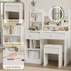 Coiffeuse élégante Okak avec chaise rembourrée, coiffeuse avec miroir rond et grand espace de rangement, bureau de maquillage pour salon, chambre à coucher, blanc