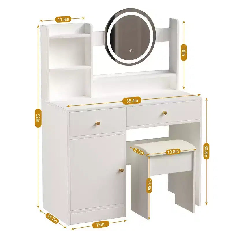 Coiffeuse élégante Okak avec chaise rembourrée, coiffeuse avec miroir rond et grand espace de rangement, bureau de maquillage pour salon, chambre à coucher, blanc